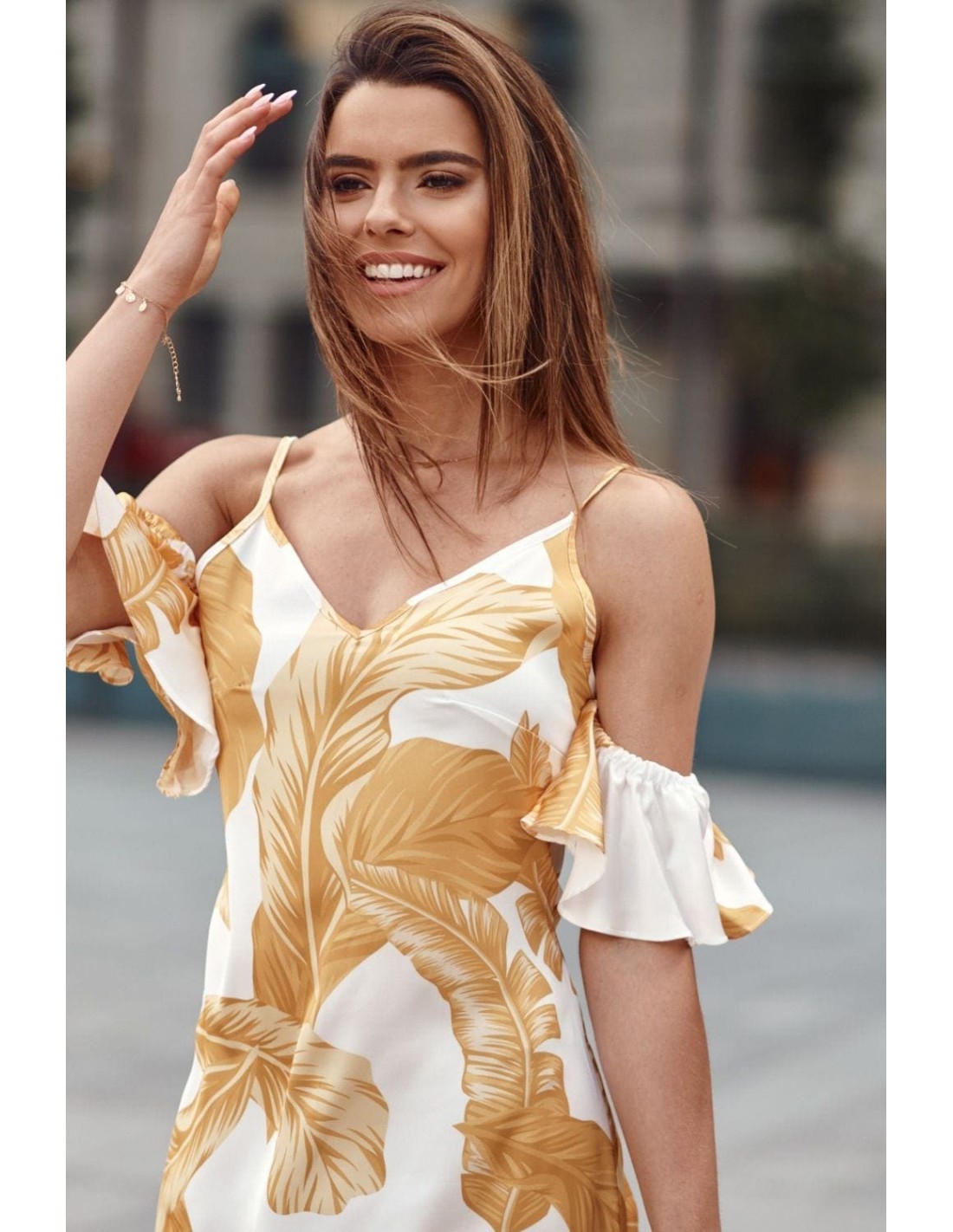 Cream dress with straps and sleeves with yellow leaves PR3215 - Online store - Boutique